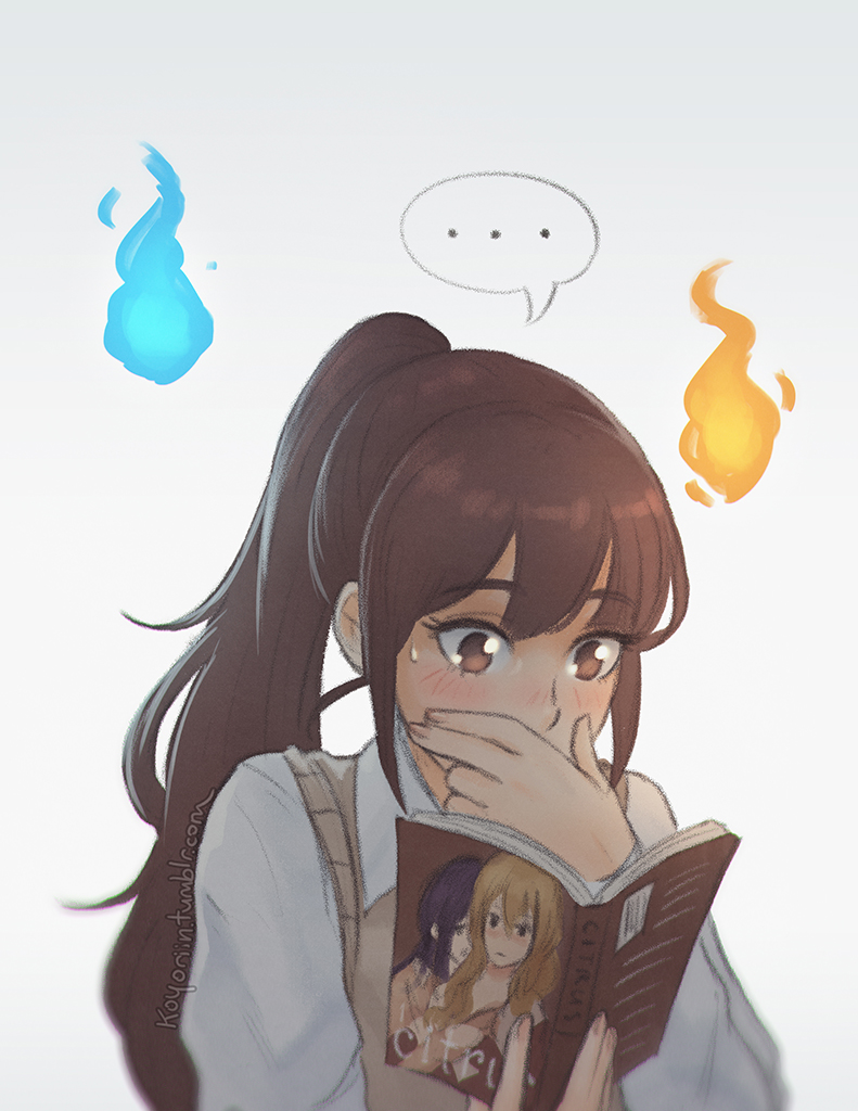 ... aihara_mei aihara_yuzu blush book brown_eyes brown_hair citrus_(saburouta) cover covering_own_mouth koyorin long_hair manga_(object) okujou_no_yurirei-san open_book ponytail reading school_uniform solo speech_bubble spoken_ellipsis sweatdrop sweater_vest toomi_yuna yuri