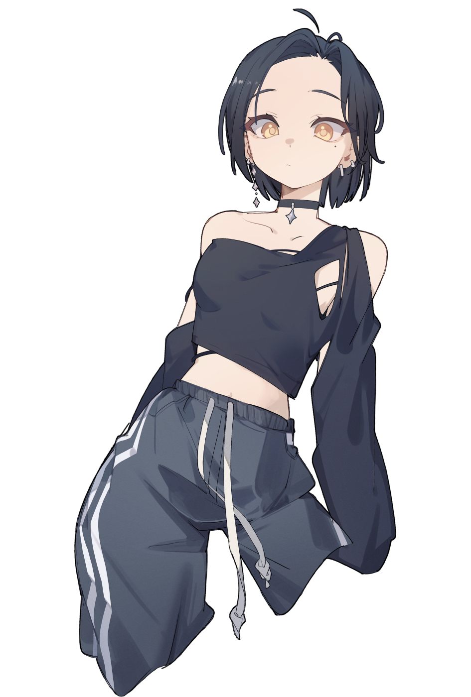 1girl ahoge arms_at_sides bare_shoulders black_choker black_hair black_tank_top breasts choker closed_mouth collarbone commentary contrapposto crop_top cropped_legs cropped_shirt curtained_hair detached_ahoge detached_sleeves drawstring earrings grey_pants highres jewelry kamatpit long_sleeves looking_at_viewer medium_breasts midriff mole mole_under_eye multiple_earrings navel orange_eyes orange_pupils original pants parted_bangs pendant_choker raised_eyebrows short_hair simple_background single_strap solo standing striped_clothes striped_pants tank_top torn_clothes torn_tank_top vertical-striped_clothes vertical-striped_pants white_background