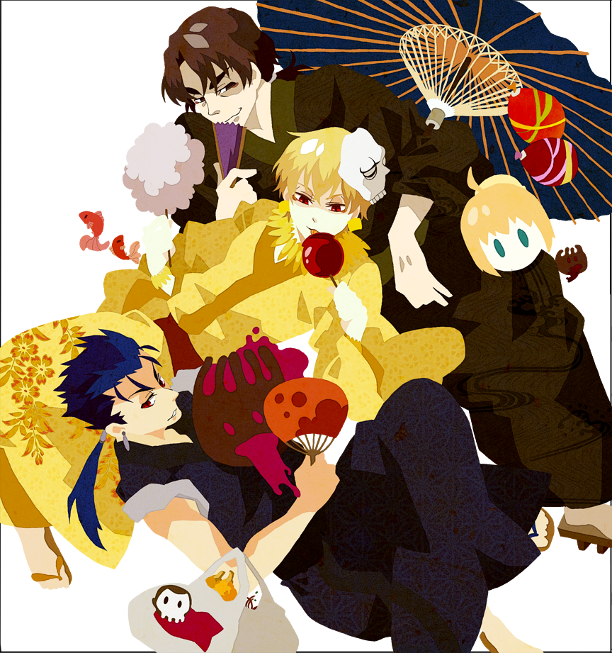 3boys ahoge assassin_(fate/zero) bad_id bad_pixiv_id blonde_hair blue_hair brown_eyes brown_hair candy_apple carnival_phantasm cotton_candy cu_chulainn_(fate) cu_chulainn_(fate/stay_night) fate/stay_night fate_(series) food geta gilgamesh_(fate) grail-kun holding holding_cotton_candy holding_food japanese_clothes kimono kotomine_kirei kuroihato long_hair male_focus mask multiple_boys oil-paper_umbrella parasol ponytail red_eyes umbrella