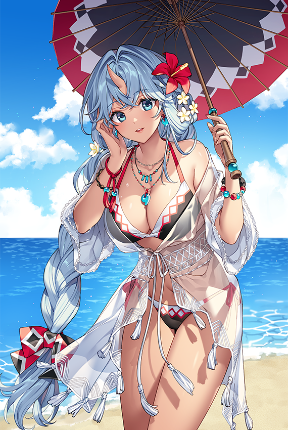 1girl aoi_(chain_chronicle) aqua_eyes aqua_hair beach bikini blue_sky bow braid braided_ponytail breasts chain_chronicle cleavage cloud cow flower hair_bow hair_flower hair_intakes hair_ornament hand_in_own_hair holding holding_umbrella horns jacket jewelry large_breasts long_hair magatama nardack necklace ocean off_shoulder official_art oil-paper_umbrella parted_lips second-party_source see-through_clothes see-through_jacket single_horn skin-covered_horns sky solo swimsuit tassel umbrella very_long_hair