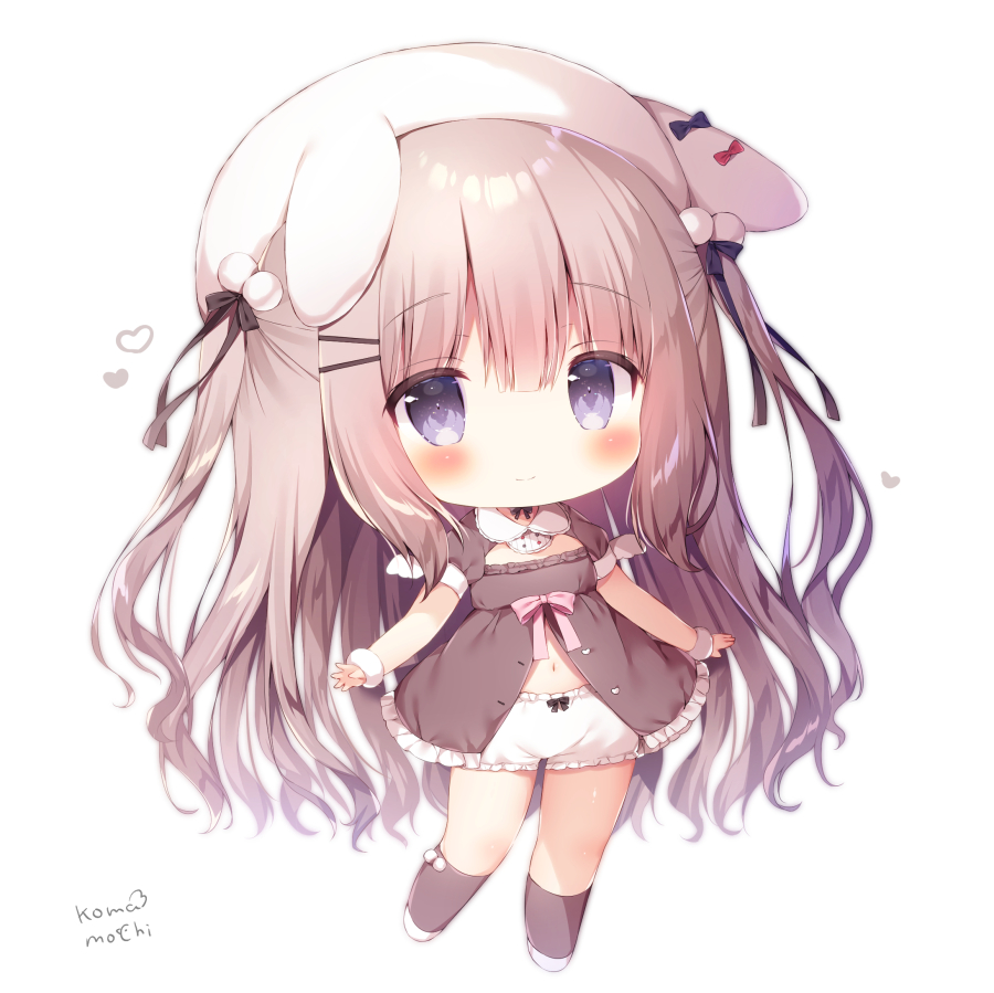 1girl animal_ears animal_hat black_bow black_ribbon blush bow brown_dress brown_hair brown_socks chibi chibi_only cleavage_cutout closed_mouth clothing_cutout collared_dress commentary_request dress fake_animal_ears frilled_dress frilled_shorts frills fur_wrist_cuffs hair_ornament hair_ribbon hairclip hat hat_bow kneehighs long_hair momozu_komamochi navel original pink_bow pom_pom_(clothes) pom_pom_hair_ornament puffy_short_sleeves puffy_sleeves purple_eyes rabbit_ears rabbit_hat red_bow ribbon shoes short_sleeves shorts simple_background smile socks solo two_side_up wavy_hair white_background white_shoes white_shorts wings wrist_cuffs