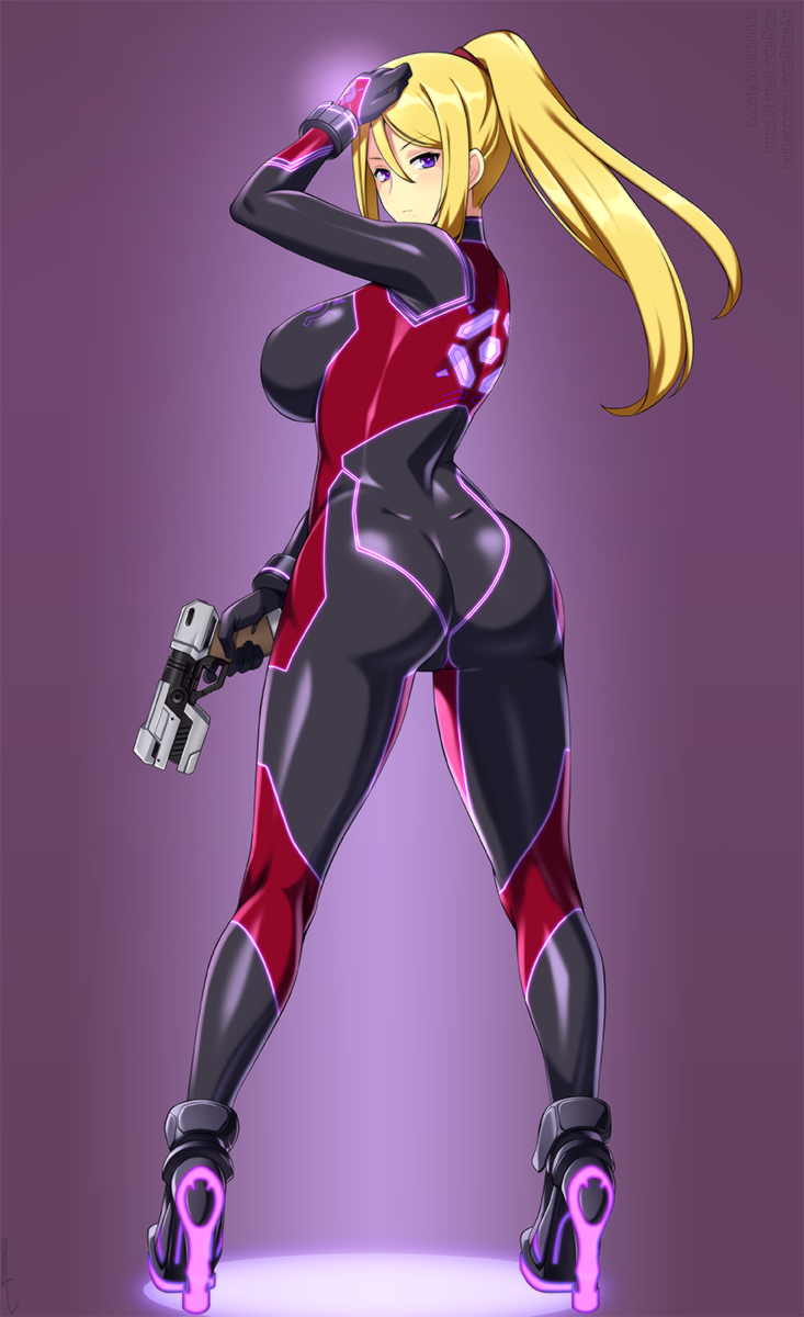 1girl adapted_costume ass black_bodysuit blonde_hair bodysuit breasts from_behind full_body gun high_heels high_ponytail highres holding holding_gun holding_weapon large_breasts lindaroze long_hair looking_at_viewer looking_back metroid metroid_prime_4:_beyond nintendo paralyzer ponytail power_suit_(metroid) purple_eyes samus_aran skin_tight solo standing super_smash_bros. weapon zero_suit