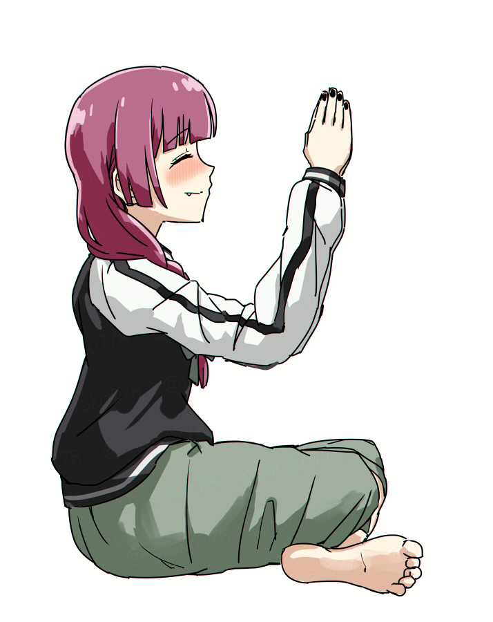 1girl ^_^ barefoot black_jacket black_nails blunt_bangs blush bocchi_the_rock! bow closed_eyes closed_mouth dress fang fang_out fighting_game fingernails from_side full_body green_bow green_dress guilty_gear hair_bow hair_over_shoulder hands_up hiroi_kikuri jacket long_hair long_sleeves low-braided_long_hair low-tied_long_hair medium_dress multicolored_jacket nail_polish nose_blush pink_hair potemkin_(guilty_gear) sideways_mouth simple_background sitting smile solo torako_(toramaru) twitter_username two-tone_jacket watermark white_background white_jacket
