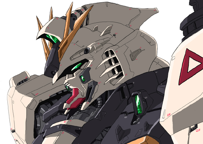 char&#039;s_counterattack close-up from_side green_eyes gundam kappa_yoshimi mecha no_humans nu_gundam oobari_masami_(style) parody robot simple_background solo style_parody v-fin white_background