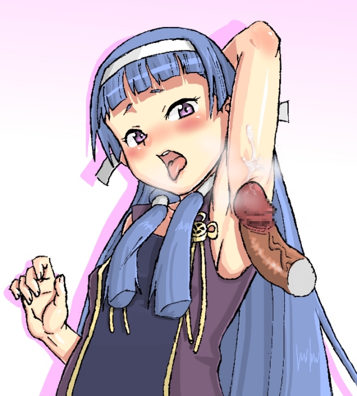 1girl armpit_sex armpits blue_hair blush censored cum cum_on_armpit cum_on_armpits cum_on_body cum_on_upper_body disembodied_penis hair_tubes kannagi long_hair nagi penis purple_eyes seritsumi solo_focus tongue