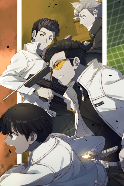 1girl 3boys ashes belt black_hair black_pants black_shirt bowl_cut charging_forward clenched_teeth cloak dark-skinned_female dark_skin echo_(circa) fighting_stance frown glowing glowing_sword glowing_weapon goggles gun holding holding_gun holding_sword holding_weapon jacket kanda_tadaomi long_sleeves looking_at_viewer looking_away looking_back multiple_boys obishima_yukari open_mouth outside_border pants partially_colored pompadour rifle shirt short_hair smile sniper_rifle spiked_hair sword teeth tonooka_kazuto trigger_discipline uniform weapon white_jacket world_trigger yuba_takuma zipper_pull_tab