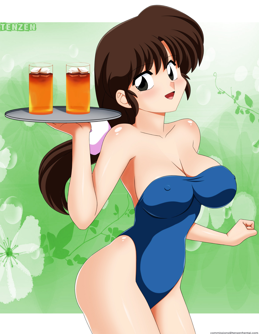 1girl bare_arms bare_legs bare_shoulders black_eyes blue_one-piece_swimsuit brown_hair clenched_hand collarbone drink eyebrows_hidden_by_hair floral_background green_background happy juice long_hair looking_at_viewer neck one-piece_swimsuit open_mouth ponytail ranma_1/2 smile standing strapless strapless_one-piece_swimsuit swimsuit tendou_kasumi tenzen tenzen_(netspike) thighs wide_hips