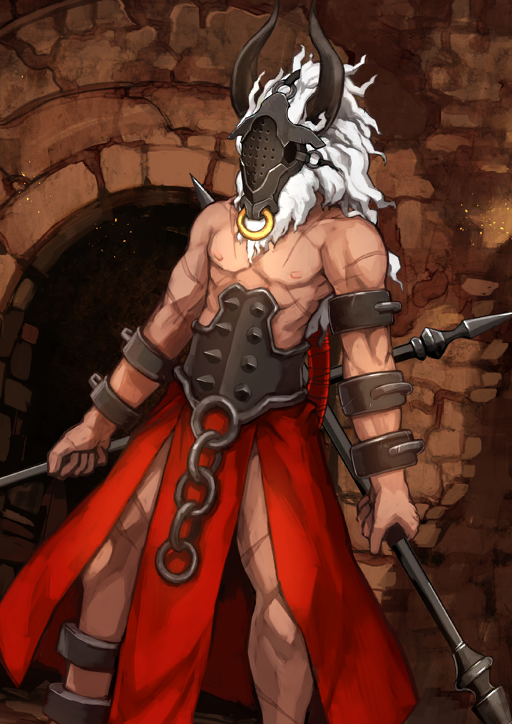 1boy asterios_(fate) beard belt black_horns black_mask brown_background covered_face dark-skinned_male dark_skin dual_wielding dutch_angle facial_hair fate/grand_order fate_(series) holding holding_polearm holding_weapon horns legs_apart long_hair male_focus multiple_scars muscular muscular_male nipples o-ring official_art pectorals pelvic_curtain polearm red_skirt revision scar scar_on_arm scar_on_chest scar_on_leg shimadoriru skirt solo spikes standing third-party_source underground weapon white_facial_hair white_hair