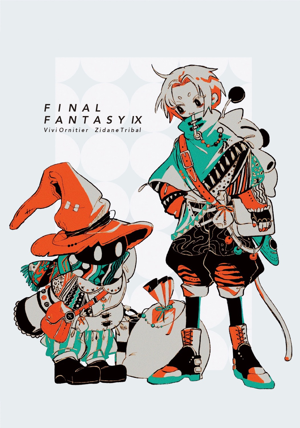 2boys bag black_gloves black_mage_(final_fantasy) boots character_name cloak copyright_name cowlick curtained_hair final_fantasy final_fantasy_ix full_body gloves glowing glowing_eyes green_scarf grey_background hat highres limited_palette looking_at_another looking_at_object monkey_tail moogle multicolored_scarf multiple_boys nayo_(kr_000515) orange_nails orange_scarf pants parted_bangs pouch puffy_shorts sack scarf shoes shorts shoulder_bag standing striped_clothes striped_pants tail vivi_ornitier white_background white_eyes wizard_hat zidane_tribal