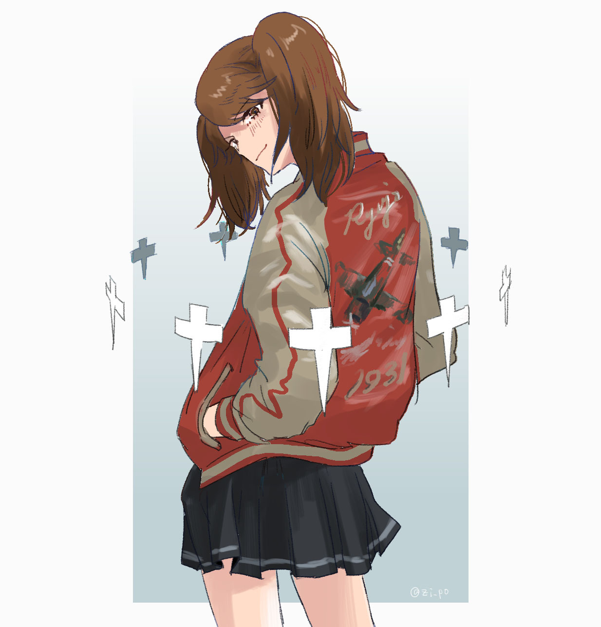 1girl alternate_costume black_skirt brown_eyes brown_hair closed_mouth clothes_writing hands_in_pockets highres jacket kantai_collection long_sleeves looking_at_viewer looking_back pleated_skirt ryuujou_(kancolle) shikigami simple_background skirt solo twintails twitter_username zippo_teifujou