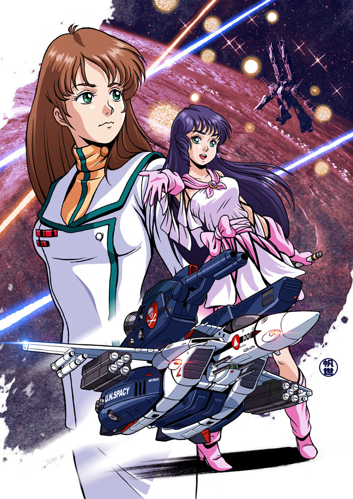 2girls battle cloud commentary dress earth_(planet) energy_beam energy_cannon english_commentary explosion gloves hayase_misa in_orbit light lynn_minmay macross macross:_do_you_remember_love? mecha military military_uniform missile missile_pod multiple_girls music noise-wave planet post-apocalypse robot roundel sdf-1 signature singing space spacecraft spoilers star_(symbol) star_symbol_background storm_attacker u.n._spacy variable_fighter vf-1 vf-1_strike vf-1s