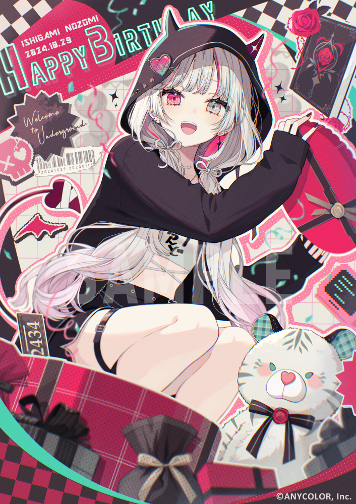 1girl akakura belt black_hoodie black_shorts box character_name commentary_request dated earrings english_text gift gift_box grey_eyes grey_hair happy_birthday heterochromia hood hoodie ishigami_nozomi jewelry looking_at_viewer multicolored_hair nijisanji official_art open_mouth pink_eyes pink_hair sample_watermark shorts smile solo streaked_hair teeth thigh_belt thigh_strap upper_teeth_only virtual_youtuber watermark