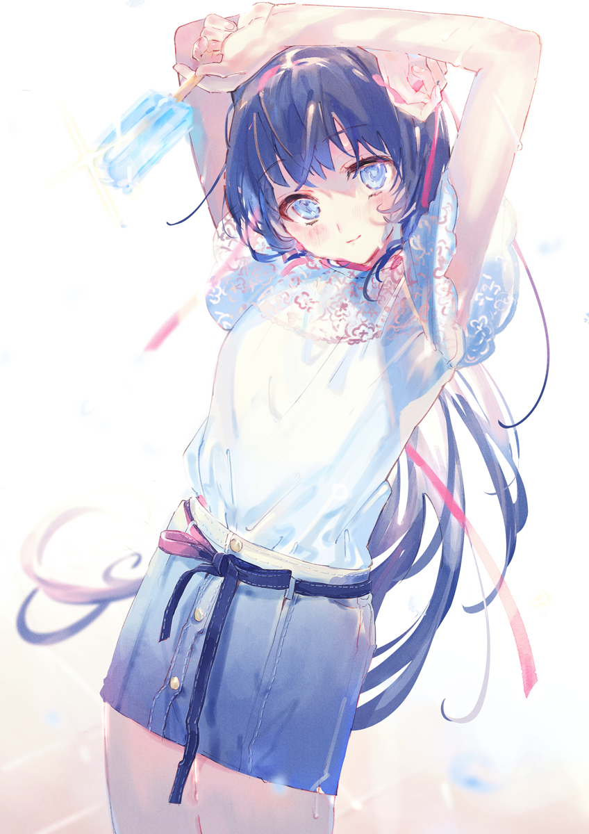 1girl arms_up black_hair blue_eyes commentary denim denim_skirt flat_chest floating_hair food highres light_blush long_hair looking_at_viewer original popsicle shia_job shirt skirt smile solo string_belt very_long_hair white_shirt