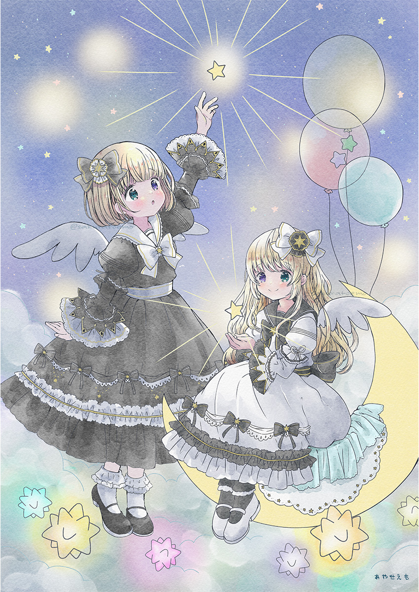 2girls :o angel_wings artist_name balloon black_bow black_dress black_shoes black_socks blonde_hair blue_eyes bow candy closed_mouth commentary_request crescent_moon dress dress_bow emo_(mikan) food full_body glowing green_eyes hair_bow heterochromia highres konpeitou long_hair long_sleeves mary_janes moon multiple_girls open_mouth original outstretched_arm purple_eyes reaching shoes short_hair smile socks star_(sky) star_(symbol) white_dress white_shoes white_socks wide_sleeves wings