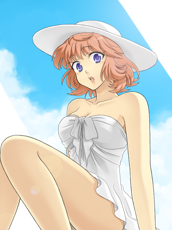 1girl banpresto bare_shoulders blue_eyes blue_sky breasts cleavage cloud collarbone day dress female_focus hat lefina_enfield medium_breasts mizuki_kaya open_mouth orange_hair sitting sky solo sun_hat super_robot_wars super_robot_wars_original_generation wl_valsion