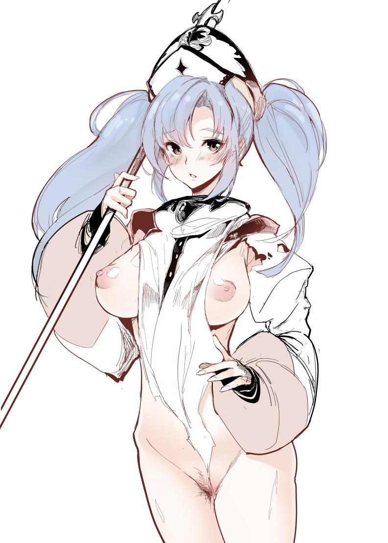 1girl :o asymmetrical_bangs blue_hair blush breasts breasts_out brown_eyes cofepig cowboy_shot female_focus female_pubic_hair granblue_fantasy groin hat holding holding_staff large_breasts long_hair long_sleeves looking_at_viewer naked_tabard nipples open_mouth pubic_hair puffy_long_sleeves puffy_sleeves shiny_skin sidelocks simple_background sketch solo sophia_(granblue_fantasy) staff standing tabard torn_clothes torn_tabard twintails white_background white_hat