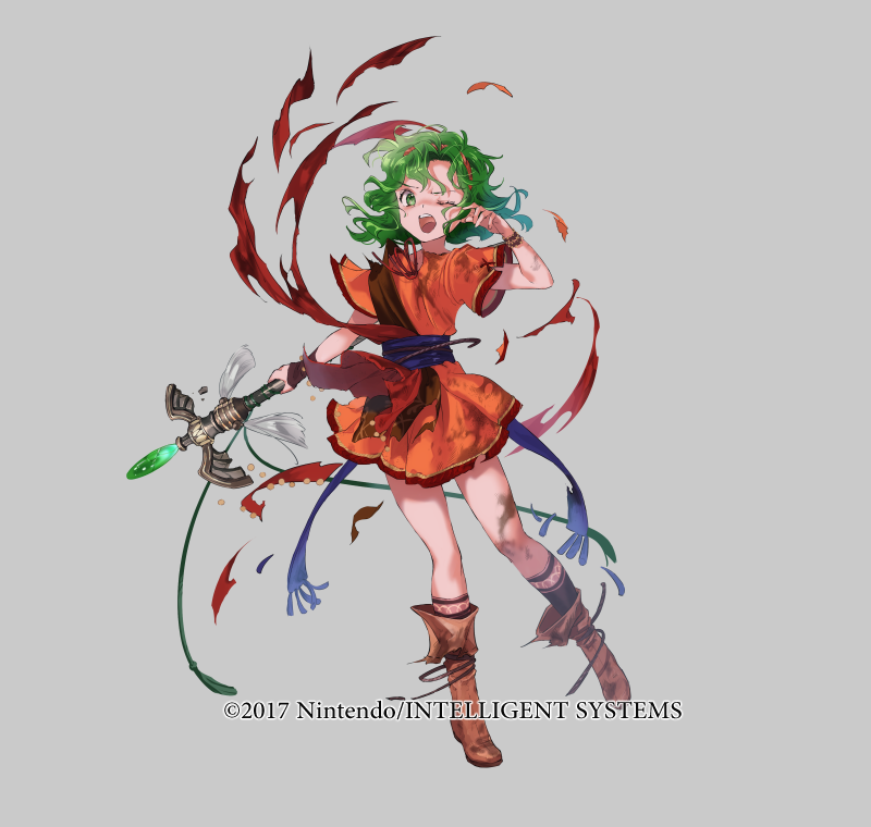 1girl blue_sash boots bracelet brown_boots copyright_notice damaged dress fire_emblem fire_emblem:_thracia_776 fire_emblem_heroes full_body green_eyes green_hair grey_background holding holding_staff intelligent_systems jewelry mayo_(becky2006) medium_hair nintendo official_art one_eye_closed red_dress sash solo staff tina_(fire_emblem) torn_clothes tunic