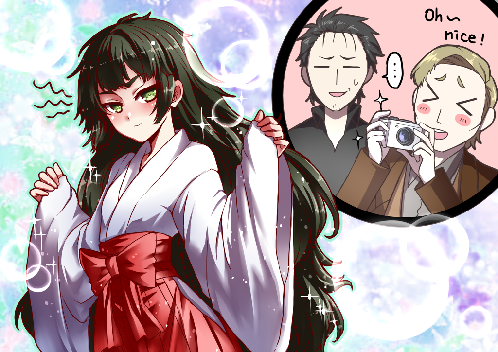 ... 1girl 2boys alexis_leskinen alternate_costume black_hair blonde_hair blush blush_stickers bubble camera closed_eyes collared_shirt english_text facial_hair flat_chest green_eyes hiyajou_maho inset jacket japanese_clothes kaikai long_hair miko multiple_boys okabe_rintarou okabe_rintarou_(beta) shirt short_hair sparkle spoken_ellipsis squiggle steins;gate steins;gate_0 stubble sweatdrop wavy_mouth wide_sleeves
