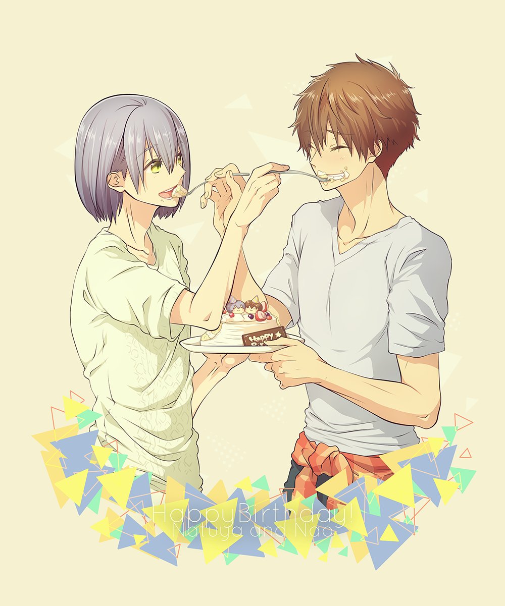 2boys brown_hair cake closed_eyes feeding food green_eyes happy happy_birthday high_speed! highres kirishima_natsuya male_focus memeo_(candy_house) multiple_boys open_mouth purple_hair serizawa_nao short_hair simple_background triangle