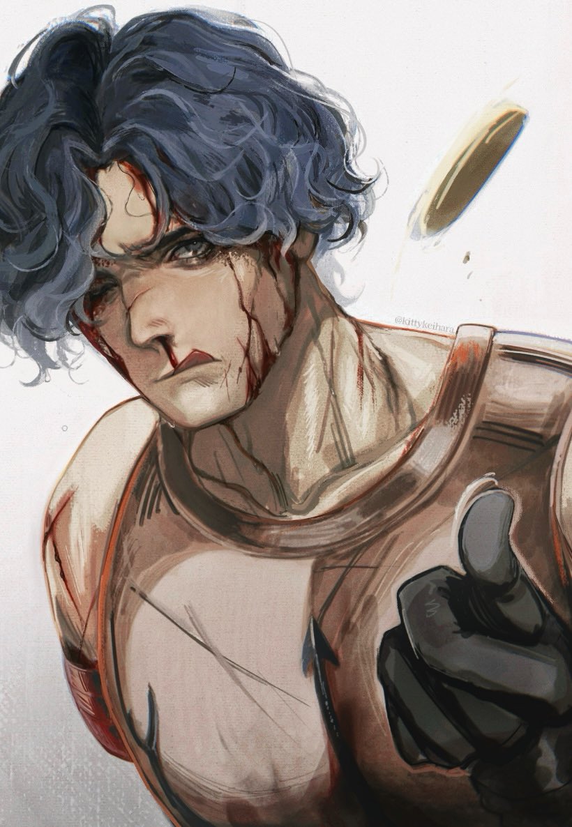 1boy :q amputee armor black_gloves black_hair blood blood_on_face cahara_(fear_&amp;_hunger) coin coin_flip commentary fear_&amp;_hunger fear_&amp;_hunger_(series) fear_&amp;_hunger_1 gloves gradient_background injury kitty_keihara leather_armor looking_at_viewer male_focus nosebleed short_hair solo toned toned_male tongue tongue_out twitter_username upper_body white_background