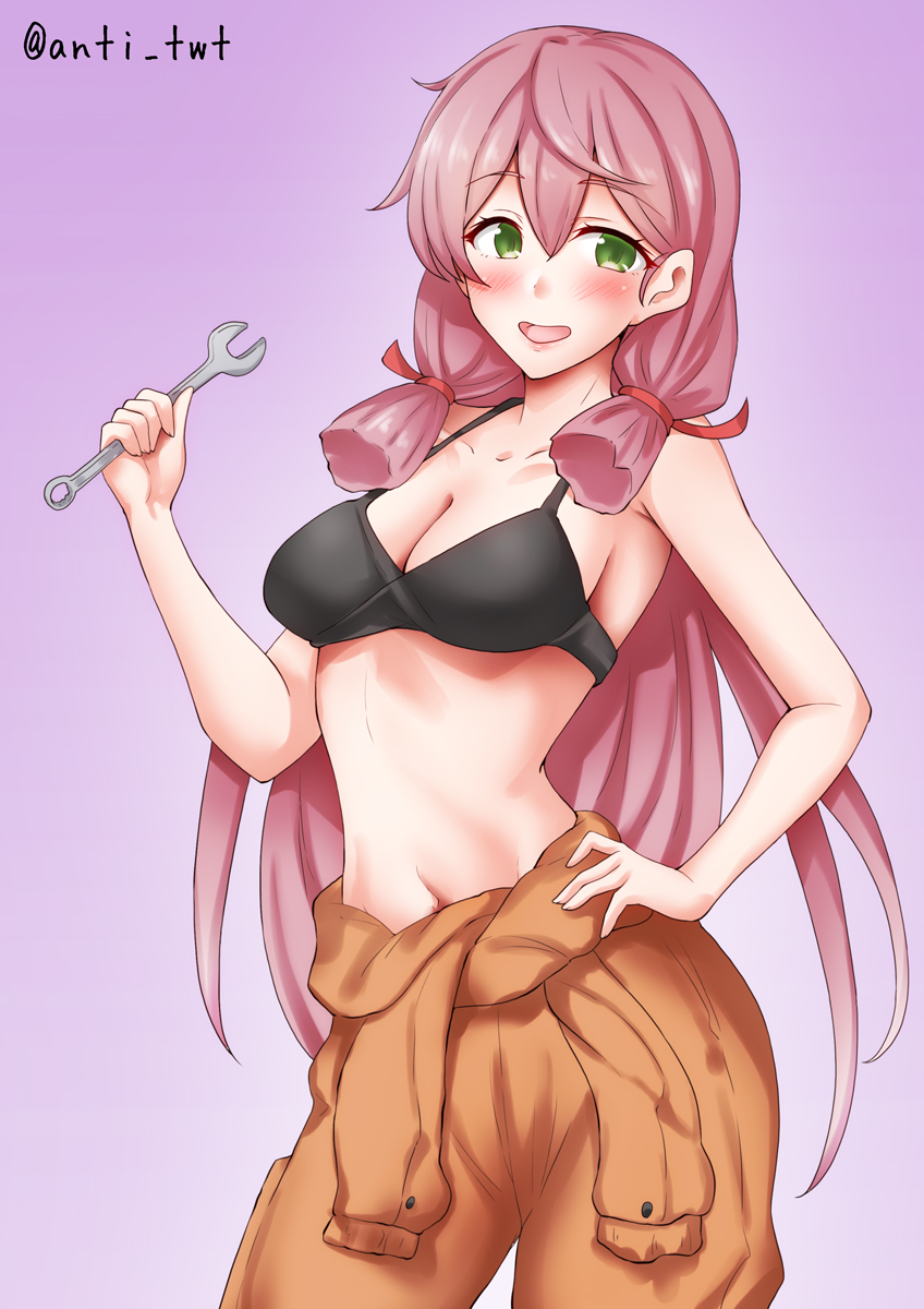 1girl akashi_(kancolle) anti_(untea9) bare_shoulders bikini black_bikini breasts cleavage collarbone green_eyes hair_between_eyes hair_ribbon hand_on_own_hip highres holding holding_wrench jumpsuit jumpsuit_around_waist kantai_collection long_hair looking_at_viewer medium_breasts orange_jumpsuit pink_hair purple_background red_ribbon ribbon simple_background solo swimsuit tress_ribbon twitter_username very_long_hair wrench