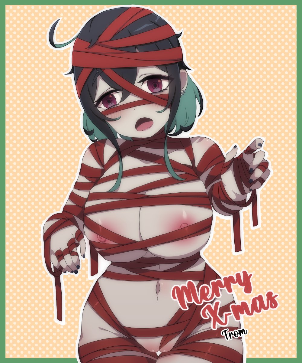 1girl aqua_hair black_hair black_nails blush breasts cameltoe colored_skin commentary cowboy_shot curvy ear_piercing english_commentary grey_skin highres kamuo large_breasts looking_at_viewer merry_christmas multicolored_hair navel nipples open_mouth original outstretched_arms piercing polka_dot polka_dot_background purple_eyes red_ribbon ribbon two-tone_hair zombie_pose