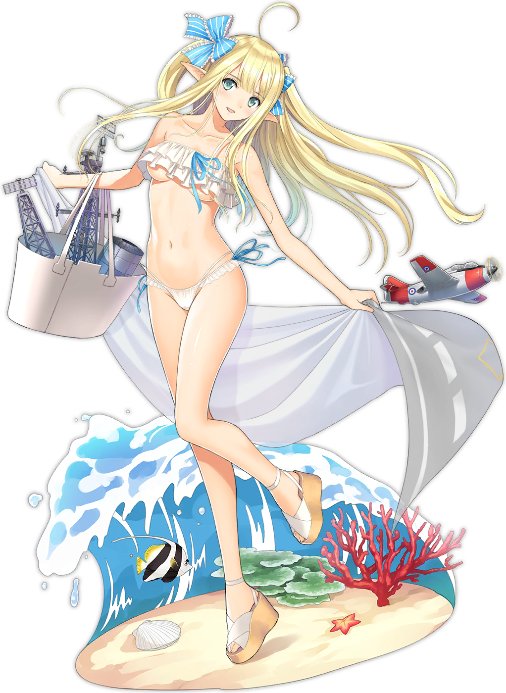 1girl alternate_costume azur_lane bag bare_shoulders bikini blonde_hair blue_eyes bow breasts centaur_(azur_lane) centaur_(beachside_undine)_(azur_lane) collarbone coral fairey_gannet fish full_body green_eyes hair_bow high_heels highres holding leg_up long_hair looking_at_viewer medium_breasts navel official_art open_mouth platform_sandals pointy_ears sandals seashell shell sidelocks smile solo starfish strapless swimsuit tony_taka transparent_background tube_top underboob water wedge_heels white_bikini