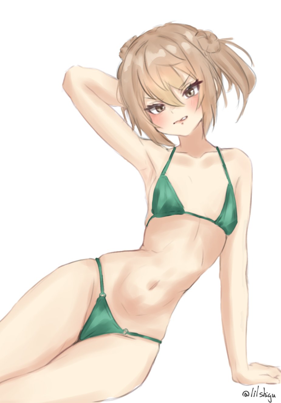 1girl alternate_costume bikini brown_eyes brown_hair donut_hair_bun double_bun green_bikini hair_bun highres kantai_collection lilshigu lying michishio_(kancolle) on_side one-hour_drawing_challenge short_hair short_twintails side-tie_bikini_bottom simple_background solo swimsuit twintails twitter_username white_background