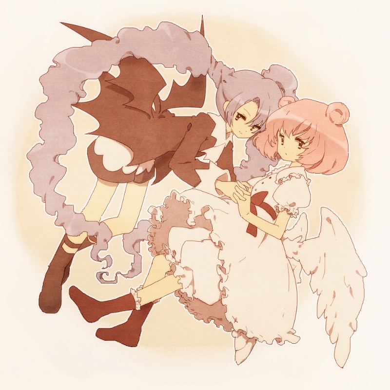 2girls angel_wings black_legwear bloomers blue_hair bobby_socks demon_wings dress frilled_dress frills full_body holding_hands interlocked_fingers long_hair maru_(xxxholic) moro_(xxxholic) multiple_girls pink_hair pink_theme pipimelopopomelo puffy_short_sleeves puffy_sleeves short_hair short_sleeves shorts simple_background socks twintails underwear white_dress wings xxxholic