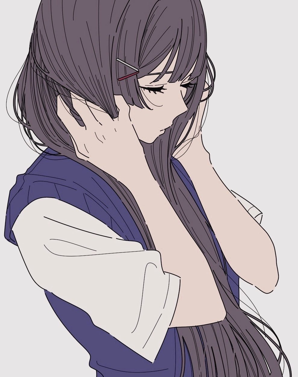 1girl black_hair blue_sweater_vest closed_eyes closed_mouth hair_ornament hairclip hand_in_own_hair highres kamatama_rom long_sleeves nijisanji shirt short_sleeves simple_background solo sweater_vest tsukino_mito tsukino_mito_(summer_uniform) upper_body virtual_youtuber white_background white_shirt