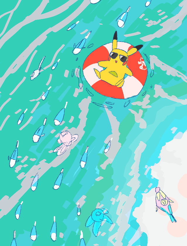 afloat animal_focus blush_stickers bruxish day fish frillish frillish_(female) frillish_(male) from_above full_body gen_1_pokemon gen_5_pokemon gen_7_pokemon grdg happy innertube lying nintendo no_humans on_back open_mouth outdoors pikachu pokemon pokemon_(creature) sketch smile sunglasses swim_ring water wishiwashi wishiwashi_(solo)