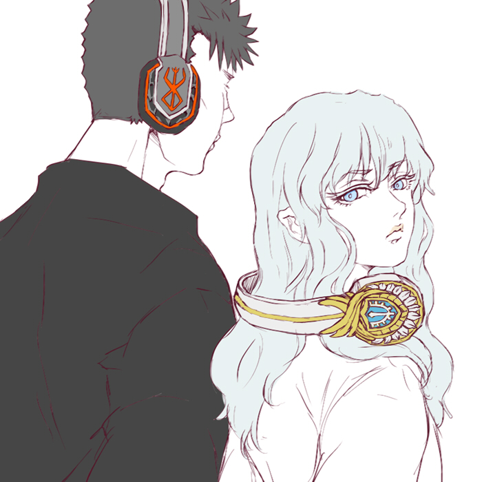 2boys androgynous berserk black_hair black_shirt blue_eyes brand_of_sacrifice contemporary griffith_(berserk) guts_(berserk) headphones long_hair looking_at_viewer male_focus multiple_boys senkuro shirt short_hair simple_background spiked_hair white_background white_hair white_shirt