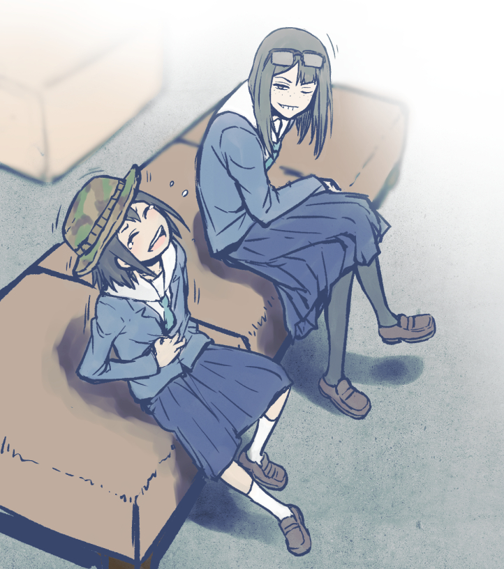 2girls asakusa_midori asymmetrical_bangs black_hair boonie_hat camouflage_hat closed_eyes commentary eizouken_ni_wa_te_wo_dasu_na! eyewear_on_head freckles glasses henriiku_(ahemaru) kanamori_sayaka long_hair multiple_girls necktie one_eye_closed pantyhose school_uniform shibahama_high_school_uniform short_hair skirt