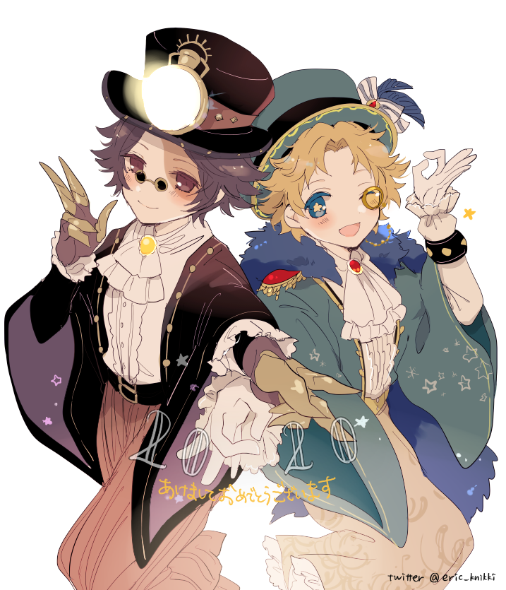 2020 2boys :d artist_name ascot bad_id bad_pixiv_id belt blue_eyes blue_headwear brown_eyes brown_hair brown_headwear burn_scar center_frills claw_ring coat colored_eyelashes epaulettes eric_knikki freckles frills fur_trim glasses gloves hat identity_v leg_up male_focus mike_morton monocle mr._mole_(identity_v) mr._swifts_(identity_v) multiple_boys norton_campbell official_alternate_costume ok_sign one_eye_closed open_mouth scar short_hair simple_background smile star-shaped_pupils star_(symbol) symbol-shaped_pupils twitter_username white_background white_gloves