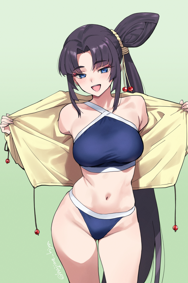 1girl :d bikini black_hair blue_bikini blue_eyes breasts commentary_request cowboy_shot fate/grand_order fate_(series) green_background hair_bun highres jacket kiya_hajime long_hair long_sleeves looking_at_viewer navel open_mouth parted_bangs side_ponytail simple_background smile solo standing stomach swimsuit thighs ushiwakamaru_(fate) ushiwakamaru_(fate/grand_order) ushiwakamaru_(swimsuit_assassin)_(fate) ushiwakamaru_(swimsuit_assassin)_(first_ascension)_(fate) very_long_hair yellow_jacket
