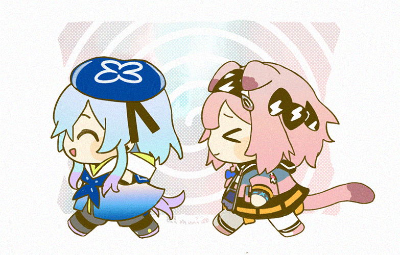 >_< 1boy 1girl :d ^_^ ahoge animal_ears animated animated_gif arknights artist_name banned_artist black_bow black_hairband black_jacket black_pantyhose black_shoes black_shorts blue_hair blue_hat blue_jacket blue_neckerchief blush bow bracelet cat_ears cat_girl cat_tail chibi closed_eyes clothing_cutout creator_connection floppy_ears from_side goldenglow_(arknights) hair_bow hair_ornament hairband hairclip hat hood hood_down hooded_jacket infection_monitor_(arknights) jacket jewelry lightning_bolt_print mizuki_(arknights) multicolored_jacket namie-kun neckerchief open_mouth pantyhose pink_hair pink_jacket pink_shoes print_bow print_hairband profile shoes shorts shoulder_cutout smile tail walking white_pantyhose