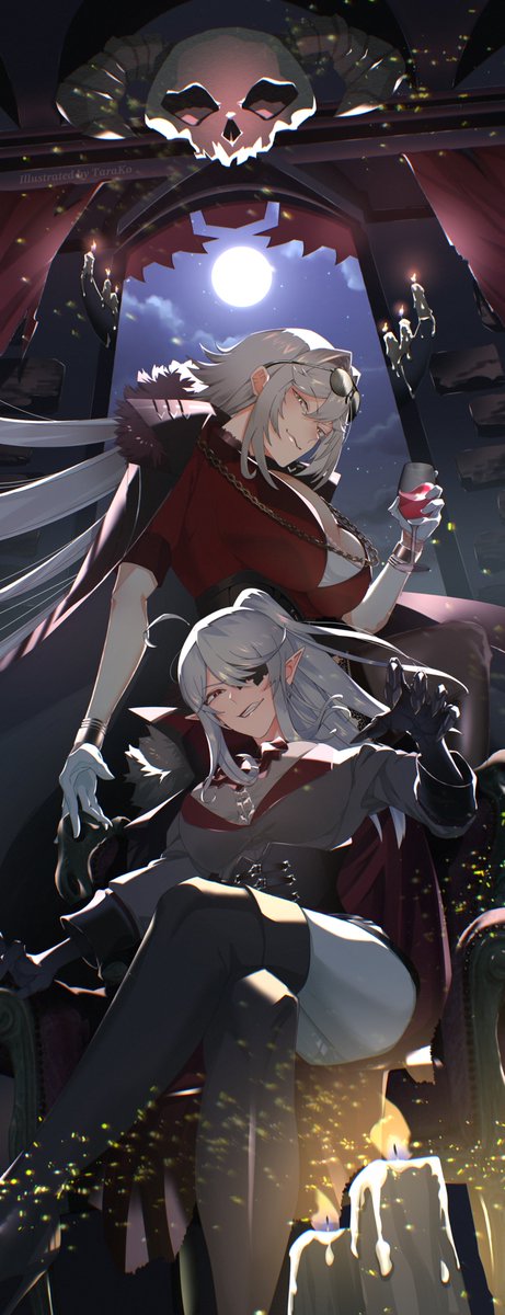 2girls ahoge black_boots black_jacket boots breasts cleavage closed_mouth geega_(vtuber) gloves grey_hair highres jacket large_breasts long_hair looking_at_viewer multiple_girls pointy_ears ponytail red_jacket red_shirt seafood_tarako shirt sidelocks smile thigh_boots virtual_youtuber vshojo white_gloves yellow_eyes zentreya zentreya_(cyborg) zentreya_(cyborg)_(4th_costume)