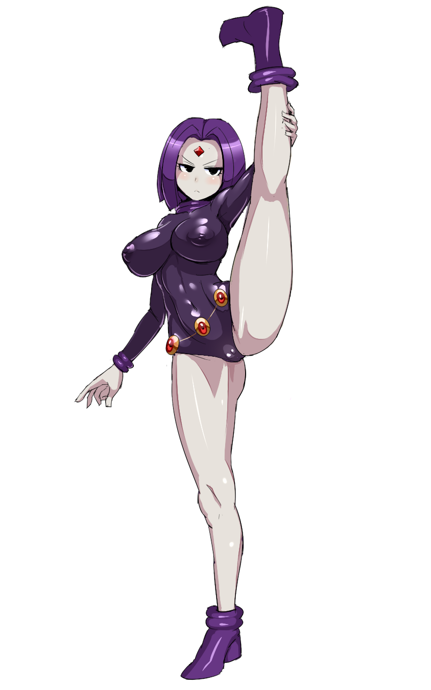 1girl :&lt; bad_link black_eyes boots breasts cameltoe covered_erect_nipples dc_comics forehead_jewel full_body highres kneepits large_breasts leotard long_sleeves looking_at_viewer nisetanaka pale_skin purple_footwear purple_hair purple_leotard raven_(dc) short_hair simple_background sleeved_leotard standing standing_on_one_leg teen_titans v-shaped_eyebrows white_background