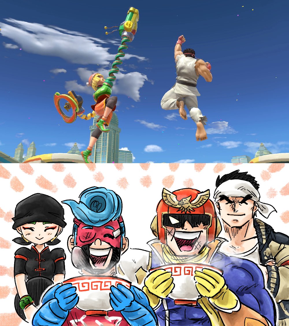 1girl 3boys arms_(game) bandana beaten black_bandana black_hair blue_hair bowl bracelet captain_falcon closed_eyes f-zero game_screenshot_inset gloves guy_(street_fighter) helmet holding holding_bowl jewelry kicdon min_min_(arms) multiple_boys nintendo official_alternate_costume reference_inset ryu_(street_fighter) spring_man_(arms) street_fighter super_smash_bros. white_bandana