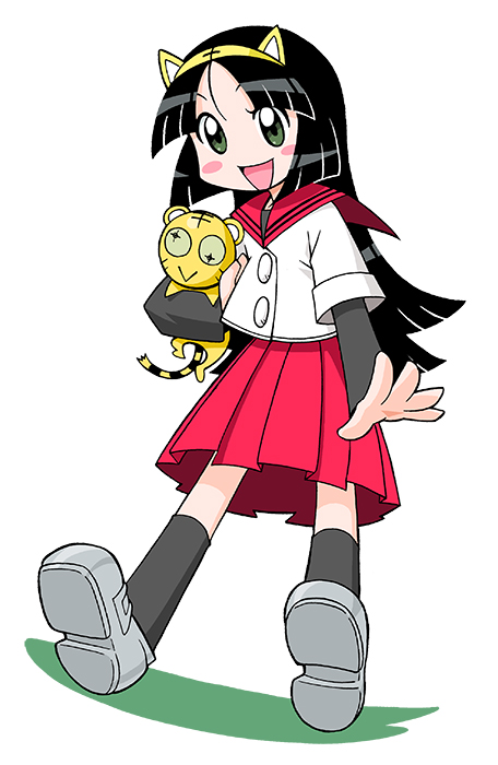 1girl animal animal_ear_hairband animal_ears anime_coloring black_hair black_outline black_tail blunt_bangs blunt_ends blunt_sidelocks blush_stickers buttons colored_inner_animal_ears cropped_jacket eyelashes fake_animal_ears feet_up green_eyes grey_footwear grey_sleeves grey_socks grey_undershirt hair_between_eyes hairband hime_cut holding holding_animal jacket kneehighs kotora_(toranoana) layered_sleeves long_hair long_sleeves looking_at_viewer mascot medium_skirt miko_(toranoana) mukku_(mook-tv) official_art open_hand open_mouth outline parted_bangs pleated_skirt red_sailor_collar red_skirt sailor_collar second-party_source shoe_soles short_over_long_sleeves short_sleeves sidelocks simple_background skirt sleeve_cuffs socks straight_hair striped_collar striped_fur tiger_ears tongue tora_da_yo. toranoana undershirt very_long_hair wall-eyed white_jacket white_outline white_sleeve_cuffs white_sleeves wide_sleeves yellow_hairband yellow_tail