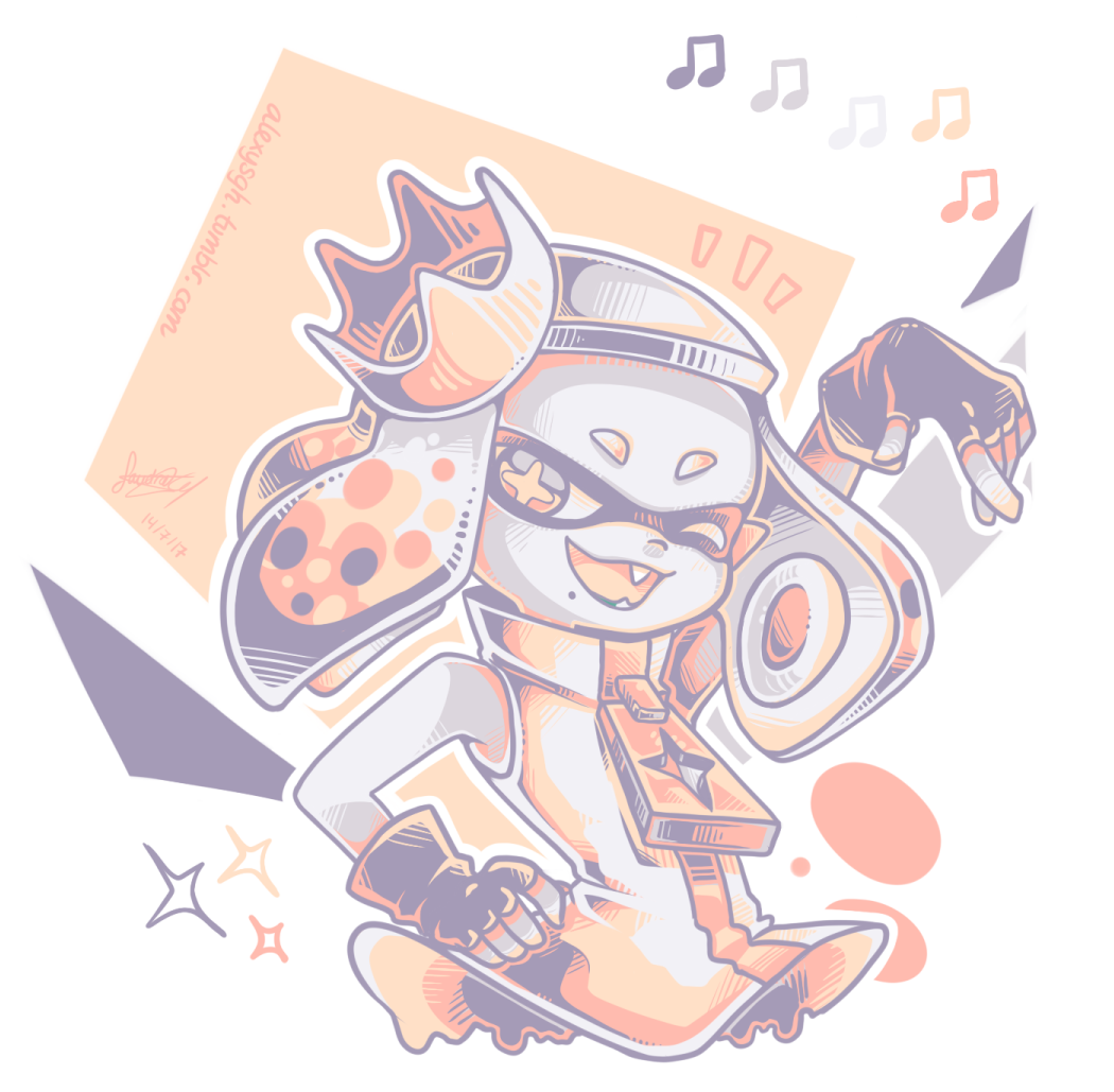 +_+ bare_shoulders color_guide commentary crown english_commentary fangs fingerless_gloves gloves gradient_hair inkling limited_palette looking_at_viewer mole mole_under_mouth multicolored_hair musical_note nintendo open_mouth pearl_(off_the_hook_outfit)_(splatoon) pearl_(splatoon) pink_hair pink_pupils sandragh signature simple_background smile sparkle splatoon_(series) splatoon_2 suction_cups symbol-shaped_pupils tentacle_hair upper_body white_hair zipper_pull_tab