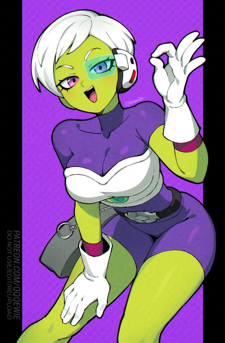 1girl 333_(dqqqdle) bodysuit breasts cheelai colored_skin dragon_ball dragon_ball_super dragon_ball_super_broly gloves green_skin looking_at_viewer open_mouth pixie_cut purple_bodysuit purple_eyes scouter short_hair solo tinted_eyewear white_gloves white_hair