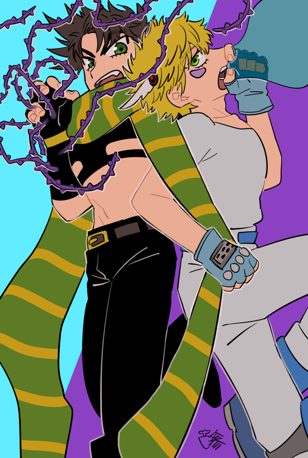 2boys battle_tendency blonde_hair brown_hair caesar_anthonio_zeppeli carota327 crop_top facial_mark feather_hair_ornament feathers fingerless_gloves flat_color florakinesis gloves green_eyes green_scarf hair_ornament headband hermit_purple highres jojo_no_kimyou_na_bouken male_focus midriff multicolored_scarf multiple_boys plant scarf stand_(jojo) striped_clothes striped_scarf thorns triangle_print vertical-striped_clothes vertical-striped_scarf vines yellow_scarf