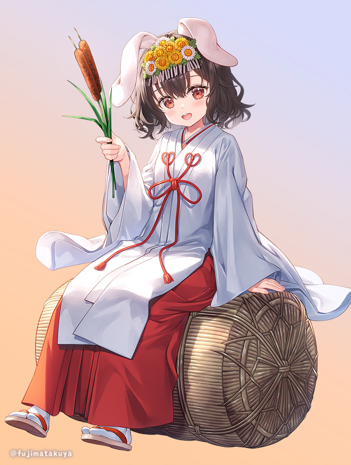1girl :d alternate_costume animal_ears black_hair blue_background blush cattail chihaya_(clothing) commentary_request flower fujima_takuya gradient_background hair_flower hair_ornament hakama hakama_skirt holding holding_plant inaba_tewi japanese_clothes long_sleeves looking_at_viewer miko open_mouth orange_background plant rabbit_ears rabbit_girl red_eyes red_hakama sandals short_hair sitting skirt smile socks solo tabi touhou twitter_username white_flower white_socks yellow_flower