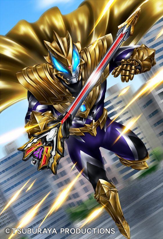 1boy alien armor batayan blue_eyes blue_skin building city cityscape color_timer colored_skin commentary_request company_name copyright_notice day dodging firing forehead_jewel gauntlets gem gold_armor gold_belt gold_cape male_focus motion_blur multicolored_skin no_pupils official_art outdoors red_gemstone silver_skin solo sword tokusatsu ultra_series ultraman_geed ultraman_geed_(series) weapon