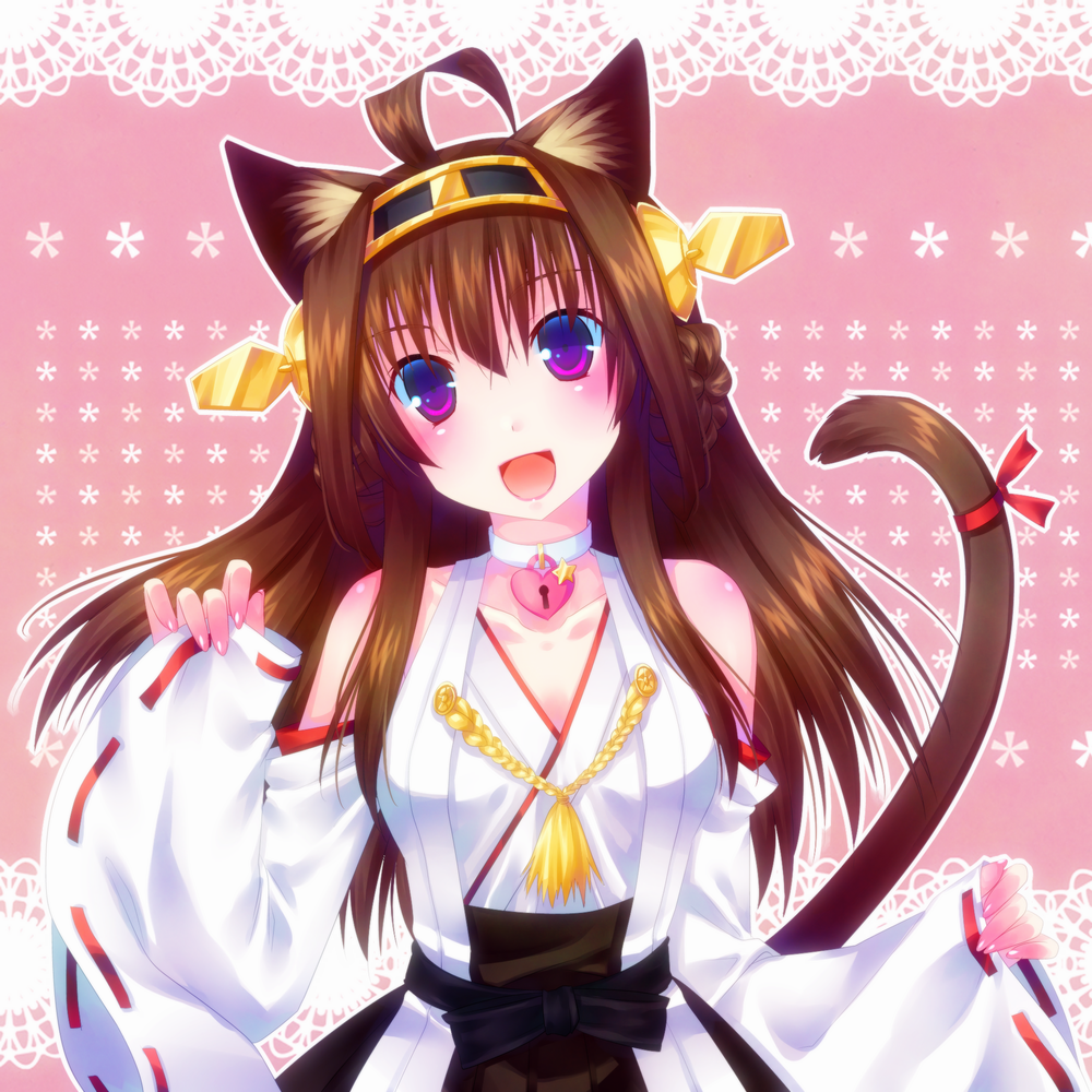 10s 1girl ahoge animal_ears bad_id bad_pixiv_id brown_hair cat_ears cat_tail detached_sleeves door_to_heaven female_focus hairband heart heart-shaped_lock japanese_clothes jewelry kantai_collection kemonomimi_mode kongou_(kancolle) lock long_hair looking_at_viewer necklace nontraditional_miko open_mouth purple_eyes ribbon solo star_(symbol) tail wide_sleeves