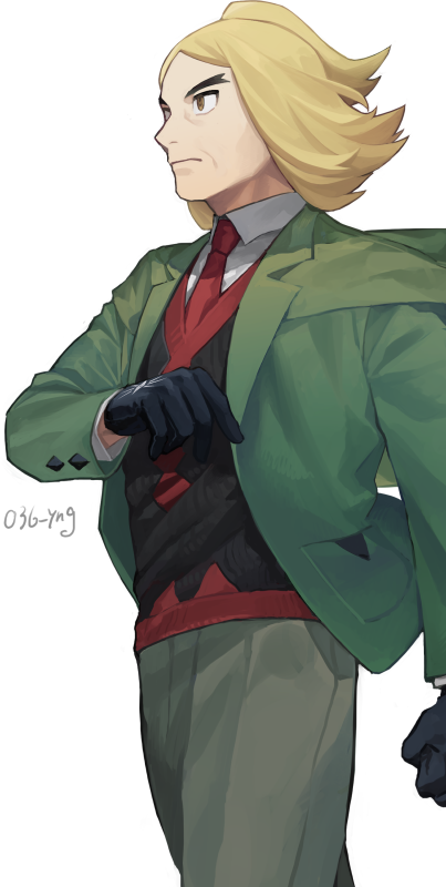 1boy black_gloves black_vest blonde_hair clenched_hand closed_mouth collared_shirt commentary_request gloves green_jacket hassel_(pokemon) jacket long_sleeves male_focus necktie nintendo open_clothes open_jacket pants parted_bangs pokemon pokemon_sv red_necktie shirt simple_background solo vest white_background white_shirt y_(036_yng)