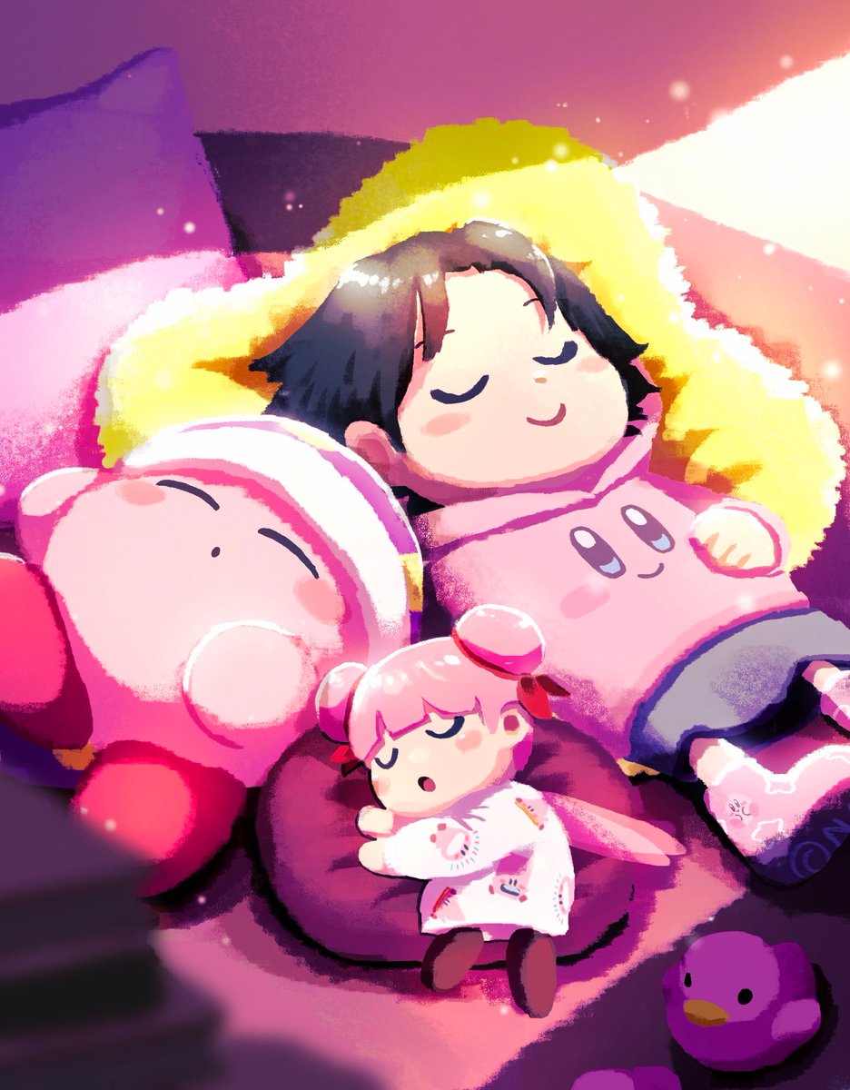 2girls :o adeleine aruco_co black_hair blurry blurry_foreground blush blush_stickers book book_stack character_print closed_eyes closed_mouth cone_mouth copy_ability double_bun fairy fairy_wings grey_skirt hair_bun hair_ribbon hat highres hood hood_down hoodie indoors kirby kirby_(series) light-bulb_mouth light_particles long_sleeves lying mouthful_mode multiple_girls nightcap nintendo on_back on_side open_mouth pajamas parted_bangs pillow pink_hair pink_hoodie pink_socks polka_dot_headwear print_hoodie print_shirt print_socks purple_hat red_ribbon ribbon ribbon_(kirby) rubber_duck shirt short_hair skirt sleep_kirby sleeping smile socks star-shaped_pillow star_(symbol) star_print sunlight u_u vending_mouth white_shirt wings