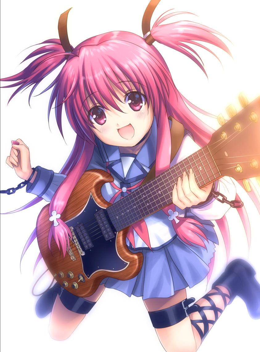 1girl angel_beats! ankle_lace-up black_footwear blue_skirt chain commentary_request electric_guitar gibson_sg goto_p guitar heaven_burns_red instrument long_hair looking_at_viewer pink_eyes pink_hair pleated_skirt school_uniform serafuku shinda_sekai_sensen_uniform simple_background skirt solo thigh_strap two_side_up white_background yui_(angel_beats!)