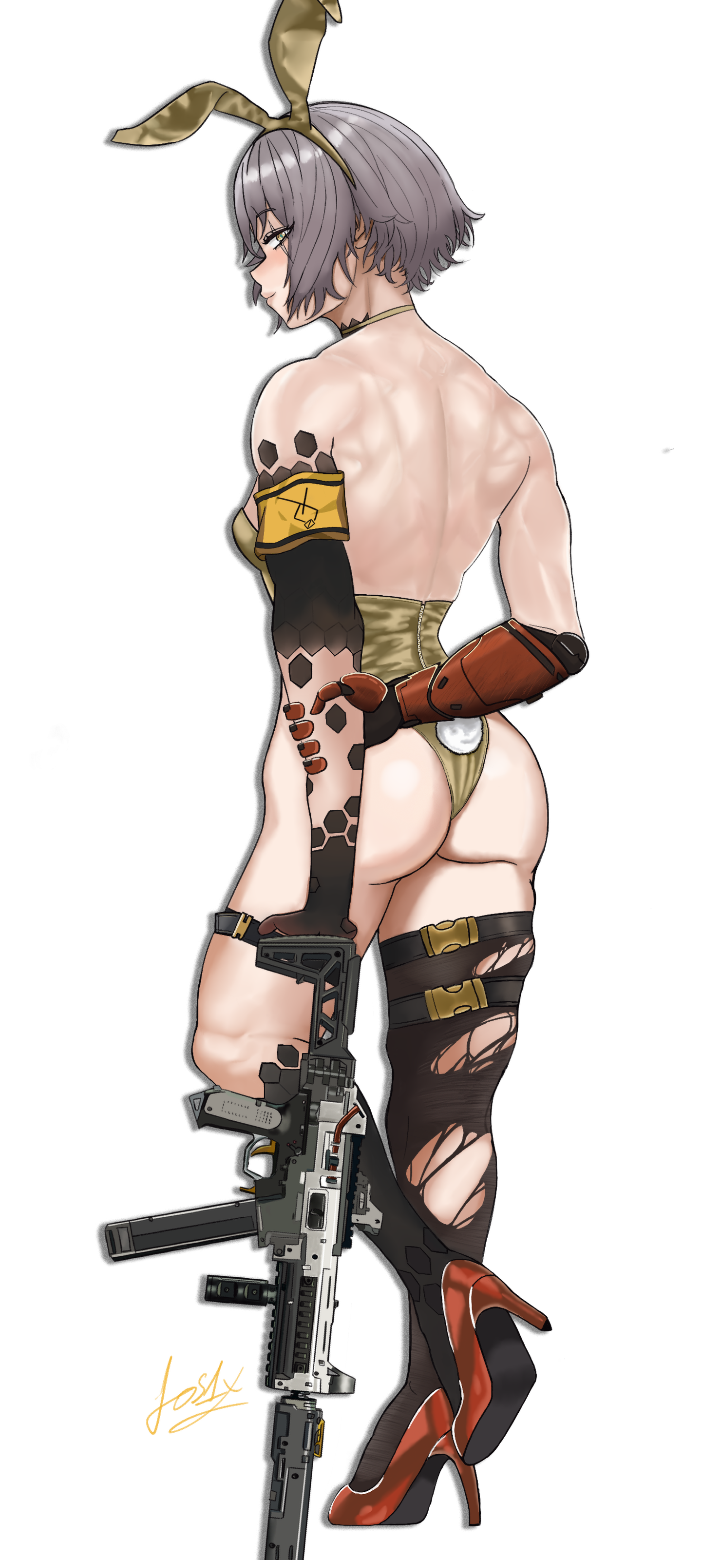 1girl absurdres animal_ear_hairband animal_ears armband back_muscles commission fake_animal_ears fake_tail fos1x from_behind girls'_frontline girls'_frontline_2:_exilium grey_hair gun h&k_ump hairband high_heels highres holding_own_arm leaning_on_weapon leotard looking_at_viewer mechanical_arms muscular muscular_female playboy_bunny rabbit_ear_hairband rabbit_ears rabbit_tail red_shoes scar scar_across_eye scar_on_face shoes signature single_mechanical_arm solo submachine_gun tail thighhighs torn_clothes torn_thighhighs transparent_background ump45_(girls'_frontline) weapon